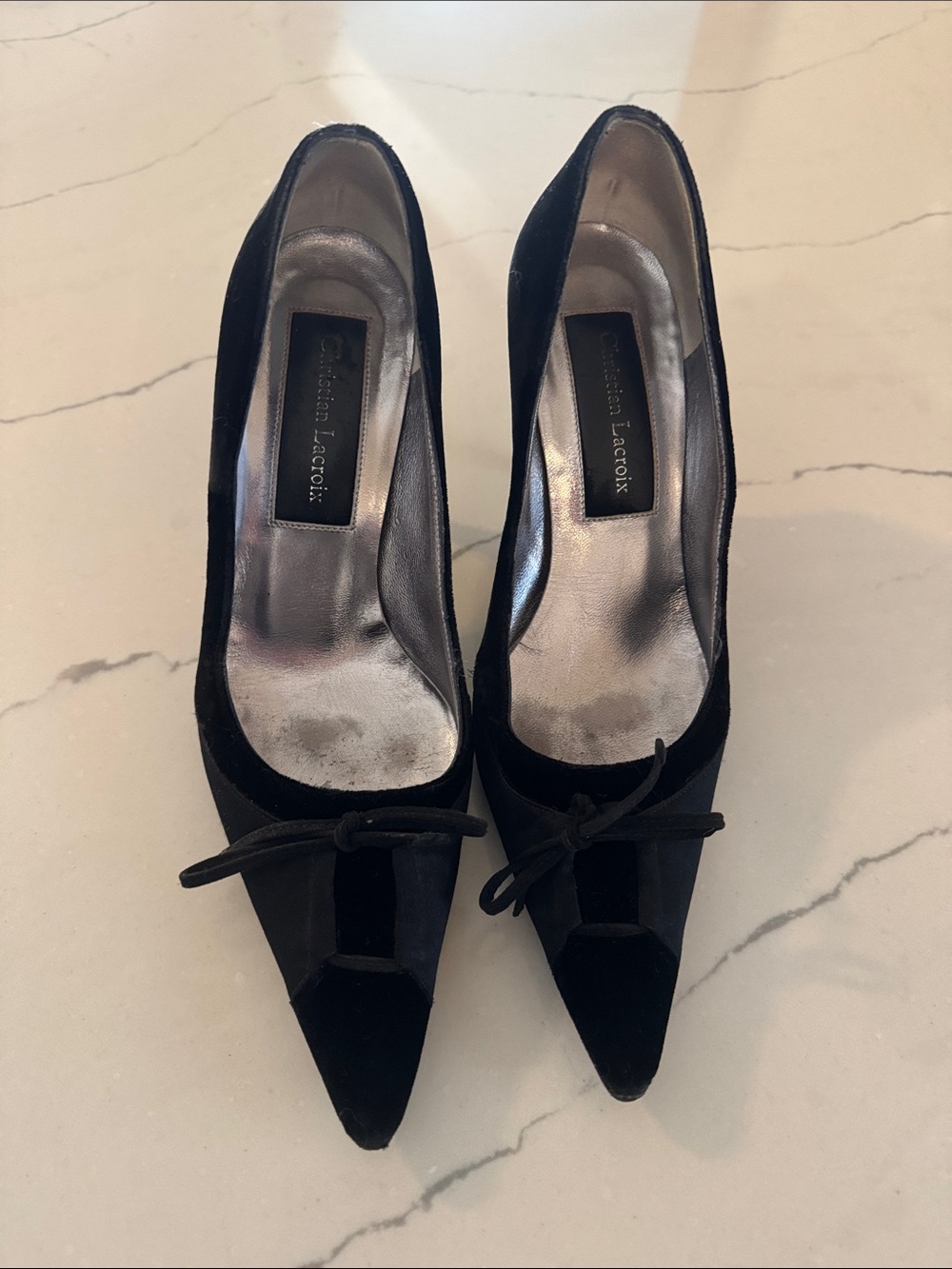 Vintage Christian Lacroix Black Satin Bow Pointed Toe Pumps 37.5